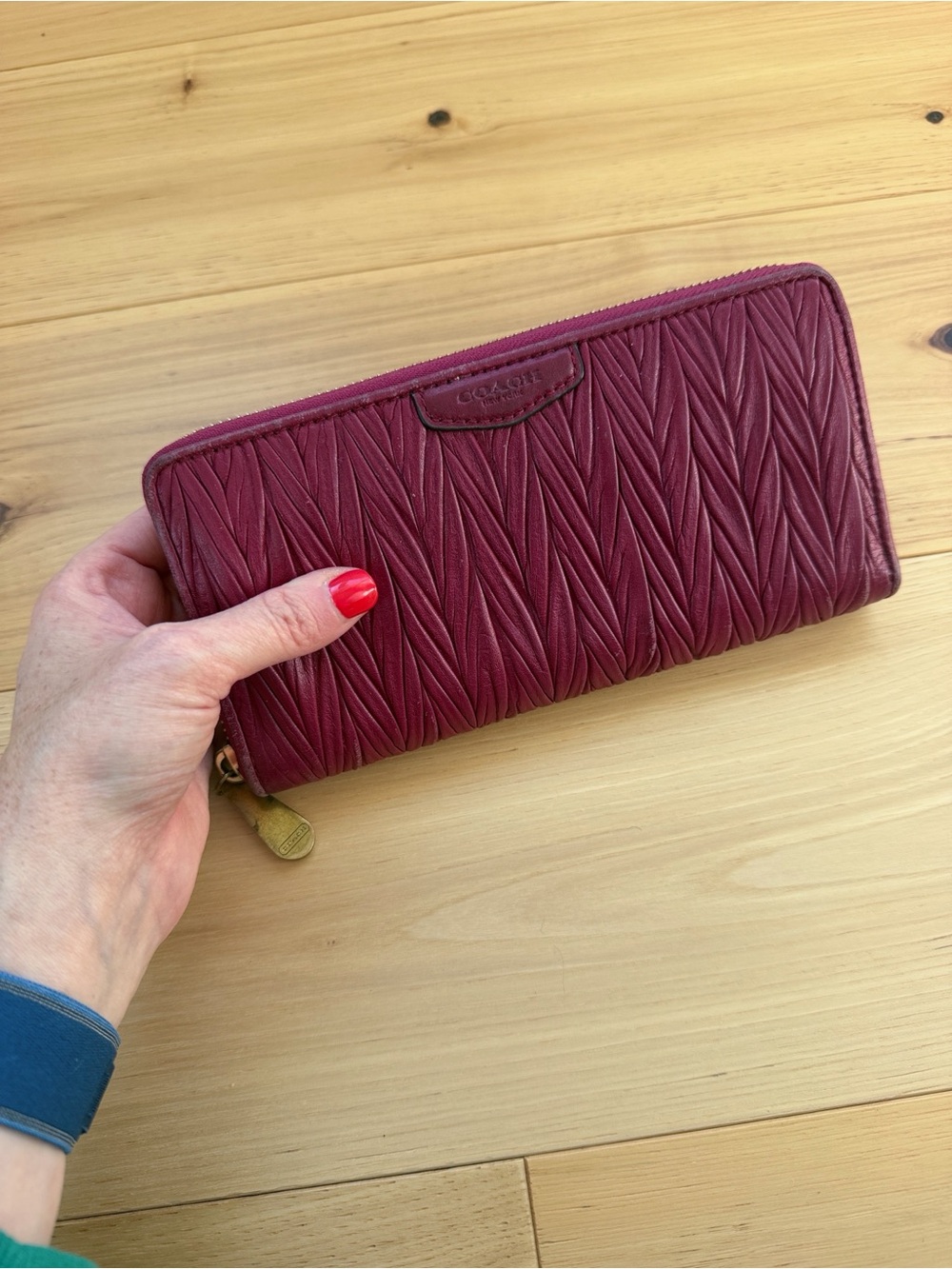 COACH Madison Gathered Twist Leather Accordion Zip Wallet Red